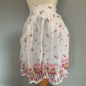 Vintage half apron w Tie - MCM Sheer Floral Flower Cart Pinks and Green Kitschy